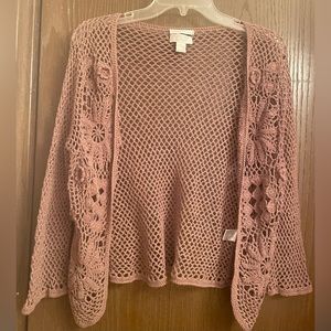 Christopher & Banks Vtg Hand Crochet Brown Light Cardigan Topper Sz-L
